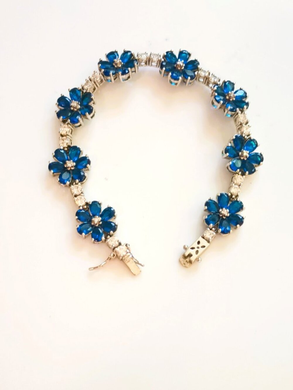 925 Blue Floral Tennis Bracelet 7.25" Sterling Silver Cubic Zirconia Link